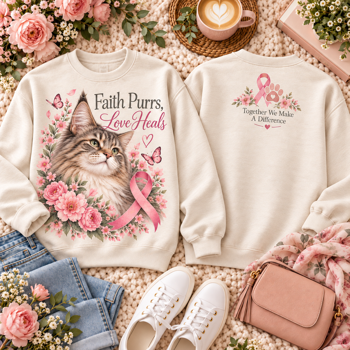 Faith Purrs Love Heals Pink Ribbon Cat Breast Cancer Awareness Sweatshirt