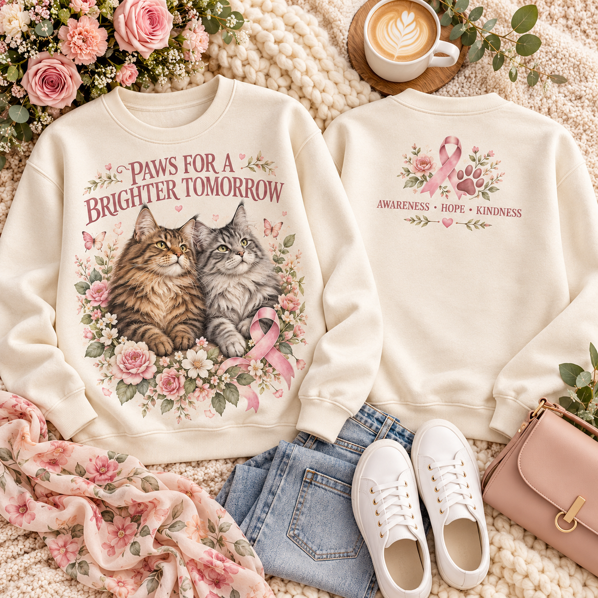 Paws for a Brighter Tomorrow Cat Breast Cancer Awareness Sweatshirt