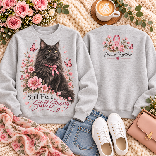 Still Here Still Strong Pink Ribbon Cat Breast Cancer Awareness Sweatshirt