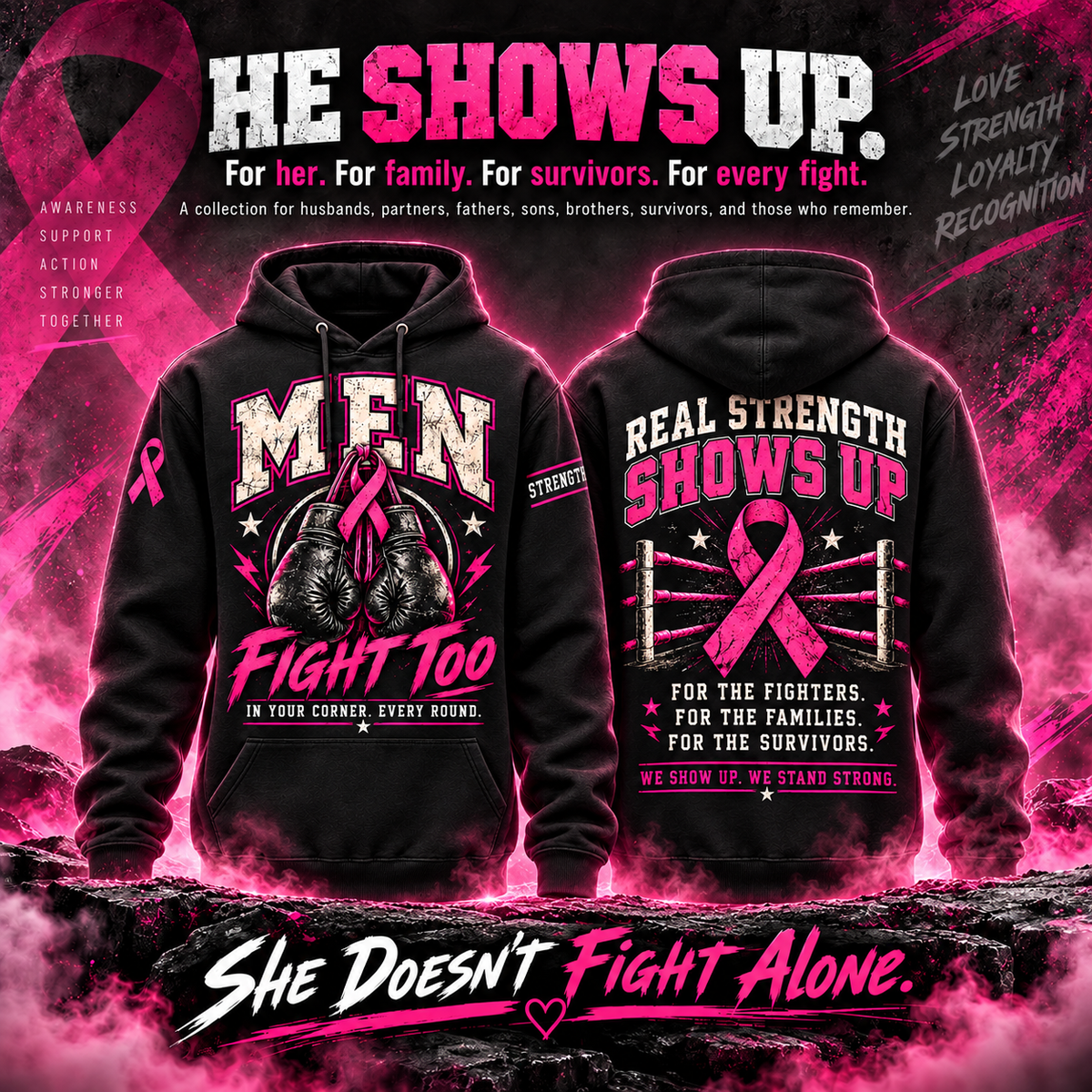 Men Stand Together Breast Cancer Awareness Hoodie – Style 01: Men Fight Too