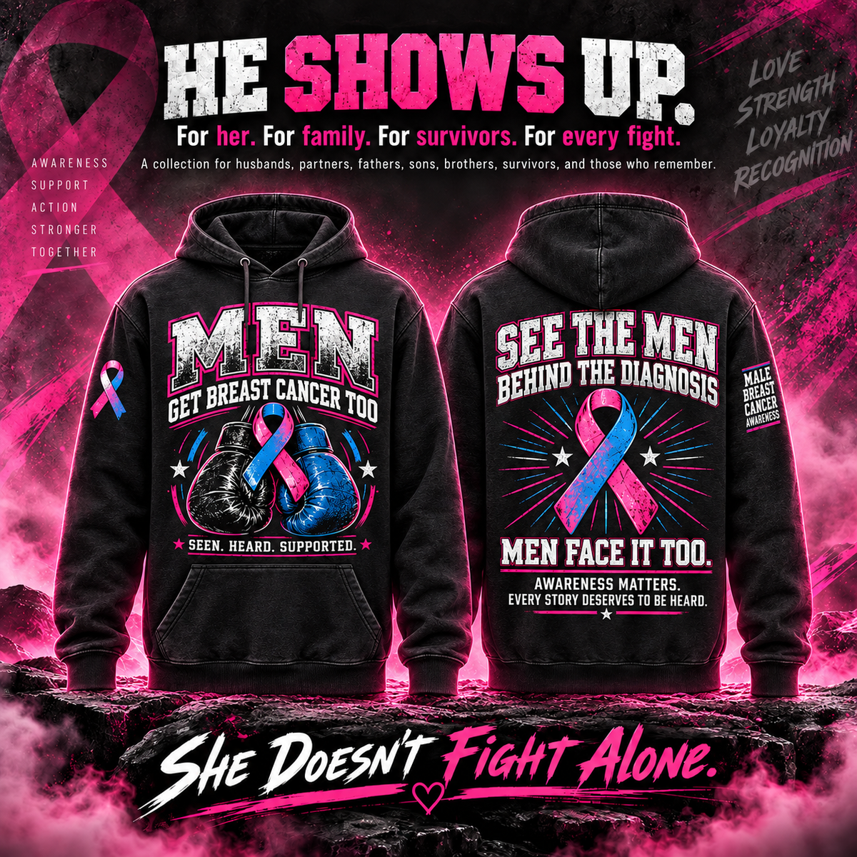 Men Stand Together Breast Cancer Awareness Hoodie – Style 04: Men Get Breast Cancer Too