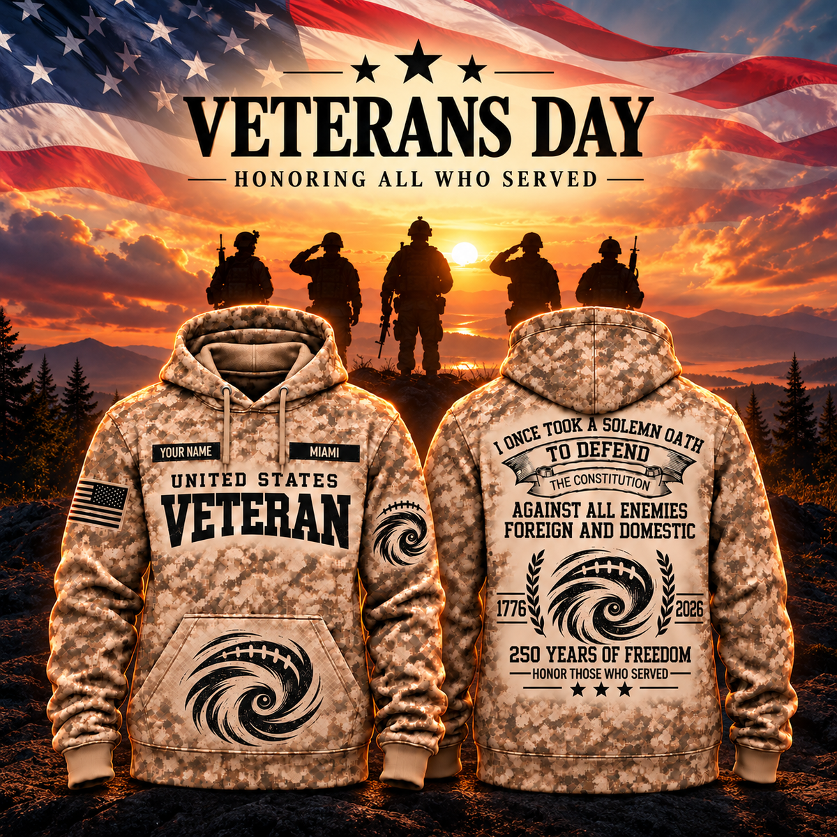 Miami College Football Veteran Apparel – Camo Veteran – Hurricane Swirl