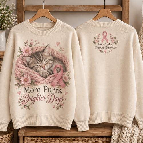 More Purrs Brighter Days Cat Pink Ribbon Sweater