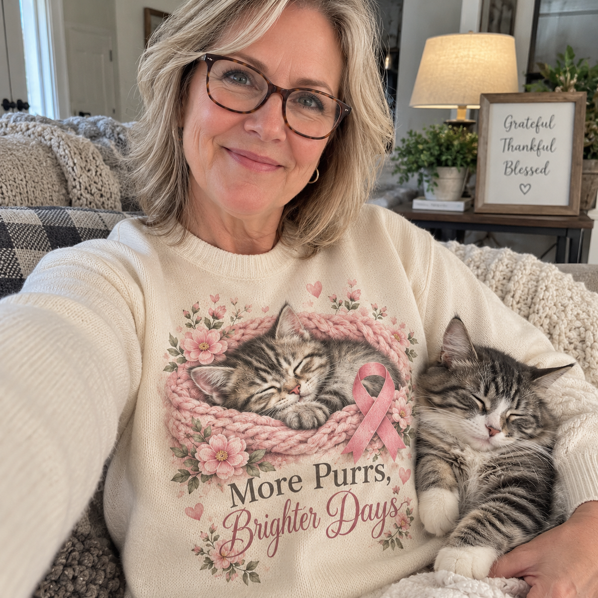 More Purrs Brighter Days Cat Pink Ribbon Sweater