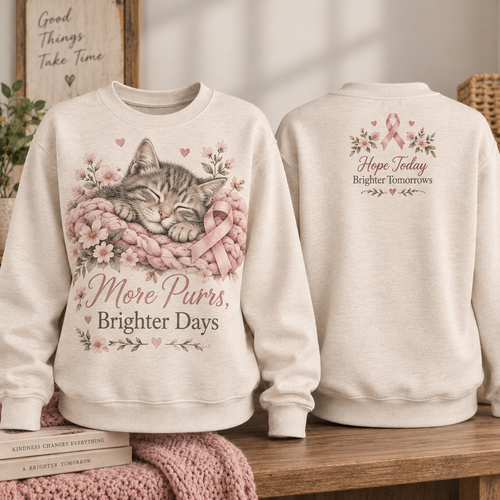 More Purrs Brighter Days Cat Pink Ribbon Sweatshirt