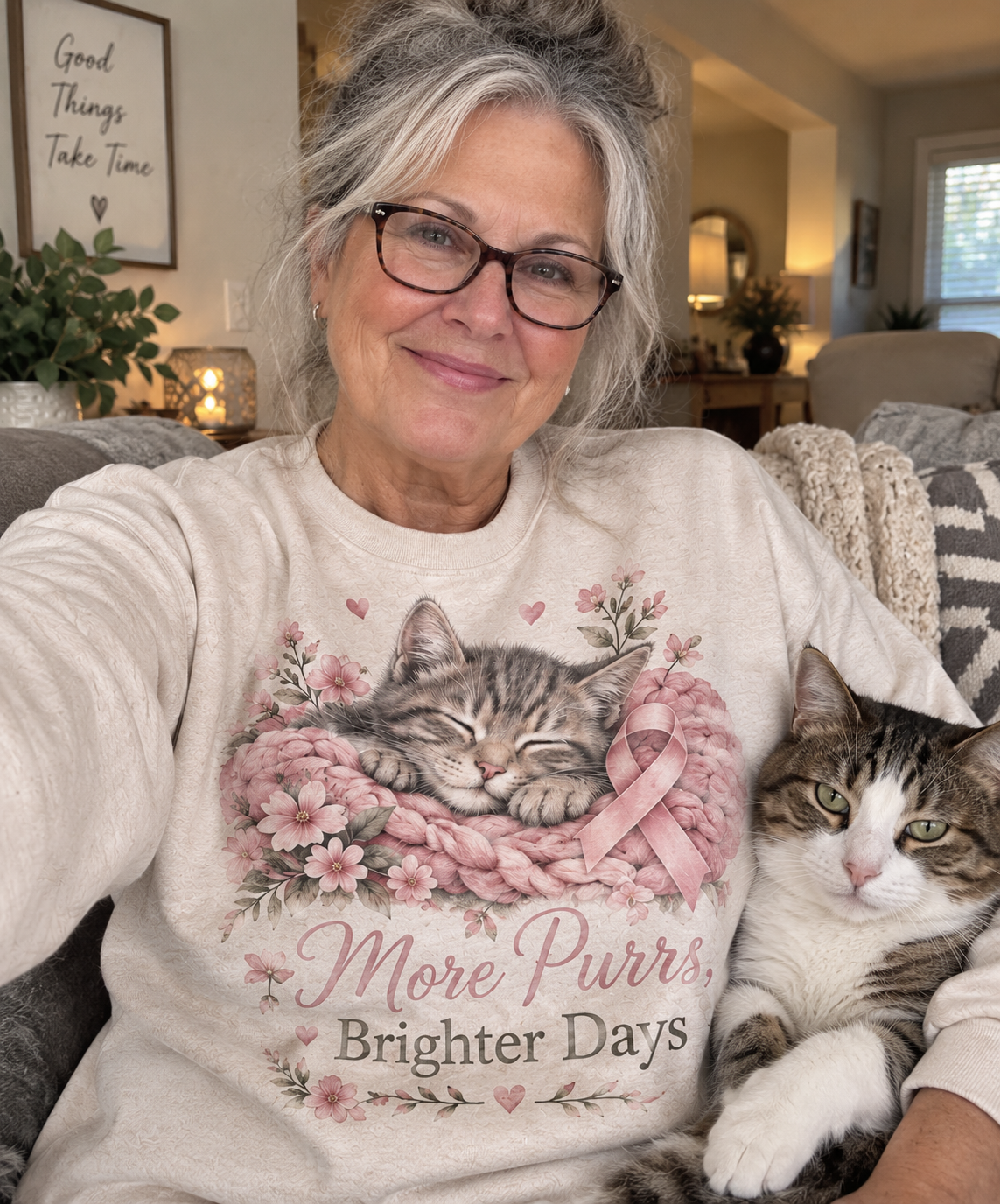 More Purrs Brighter Days Cat Pink Ribbon Sweatshirt