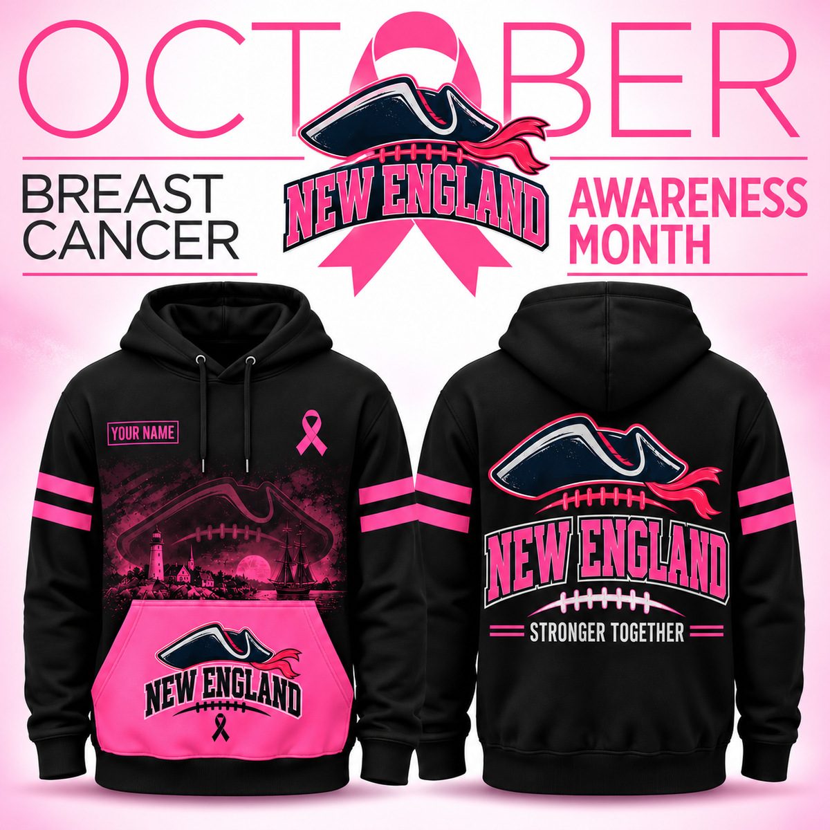 Personalized Football Team Spirit Breast Cancer Awareness Stronger Together Hoodie