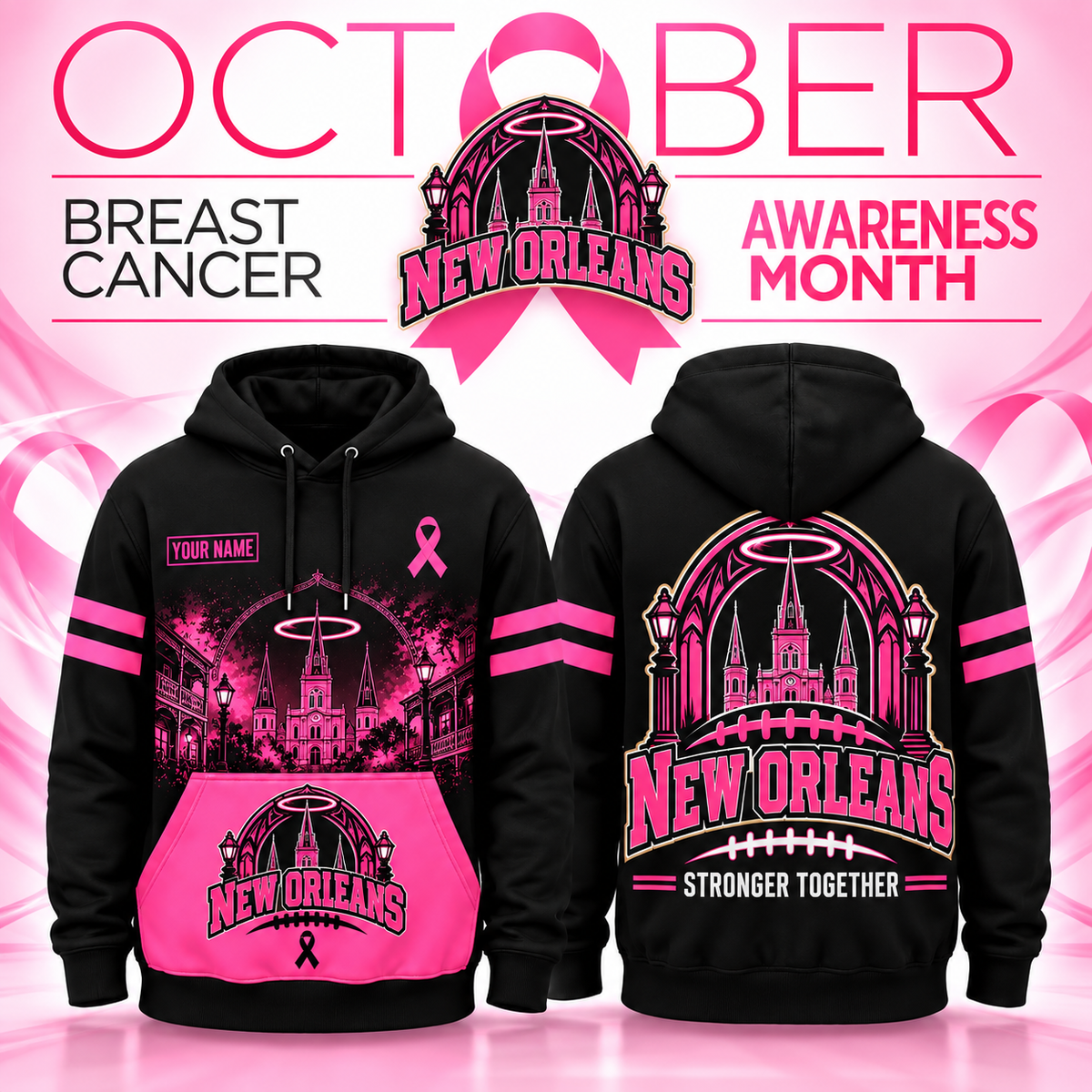 Personalized Football Team Spirit Breast Cancer Awareness Stronger Together Hoodie