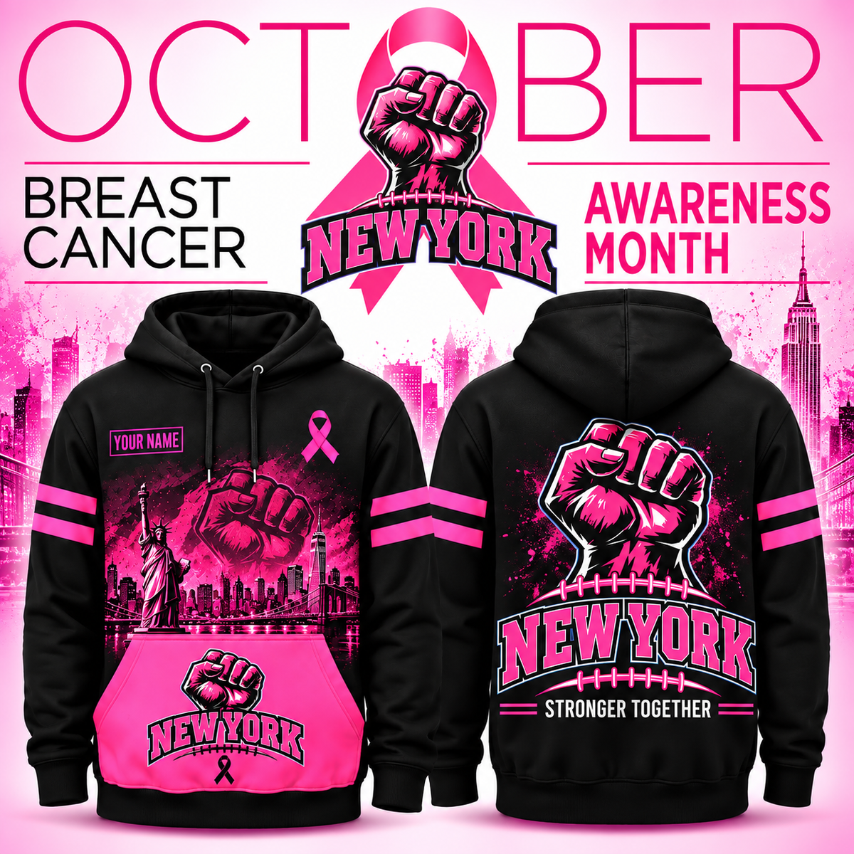 Personalized Football Team Spirit Breast Cancer Awareness Stronger Together Hoodie