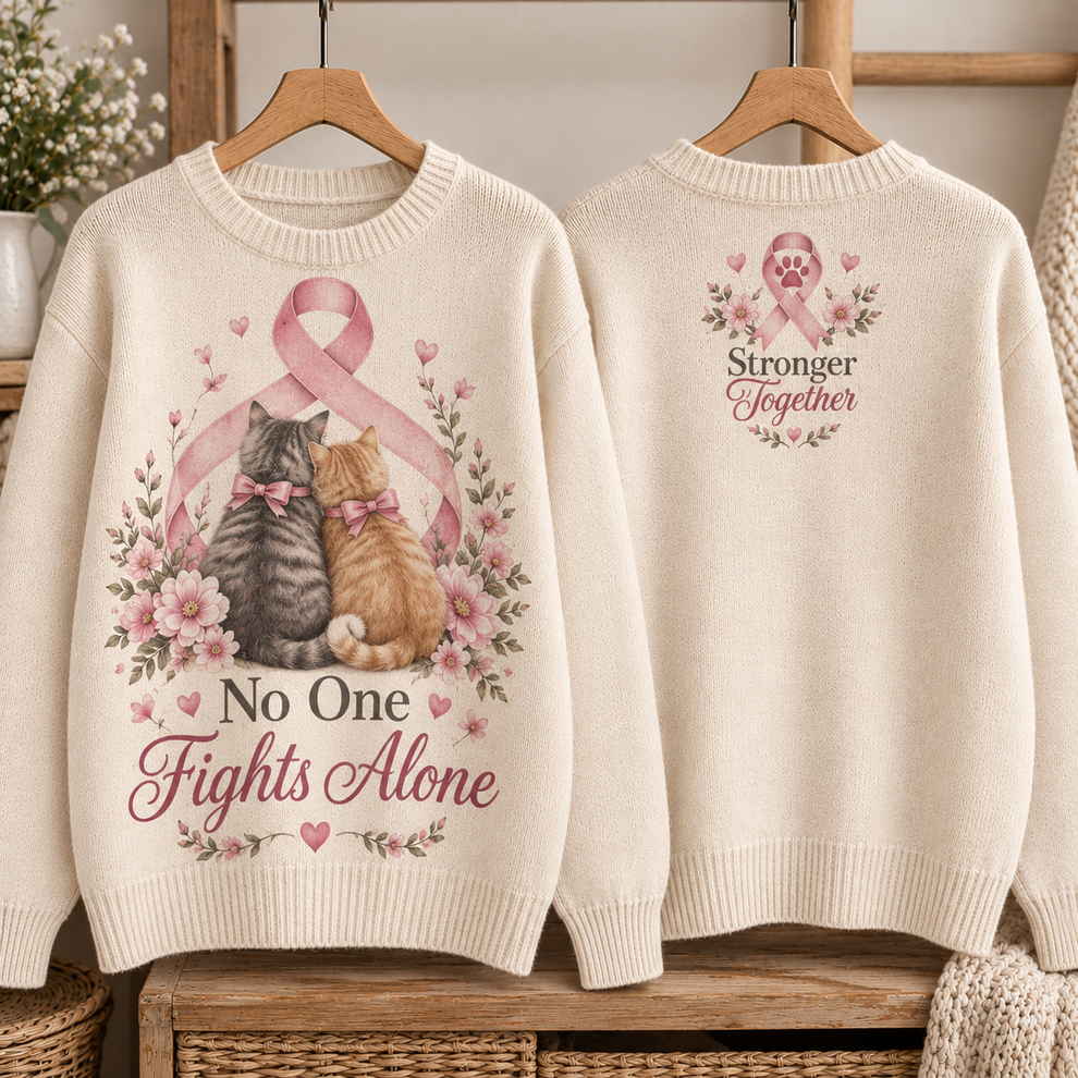 No One Fights Alone Cat Breast Cancer Awareness Sweater – Corwinds