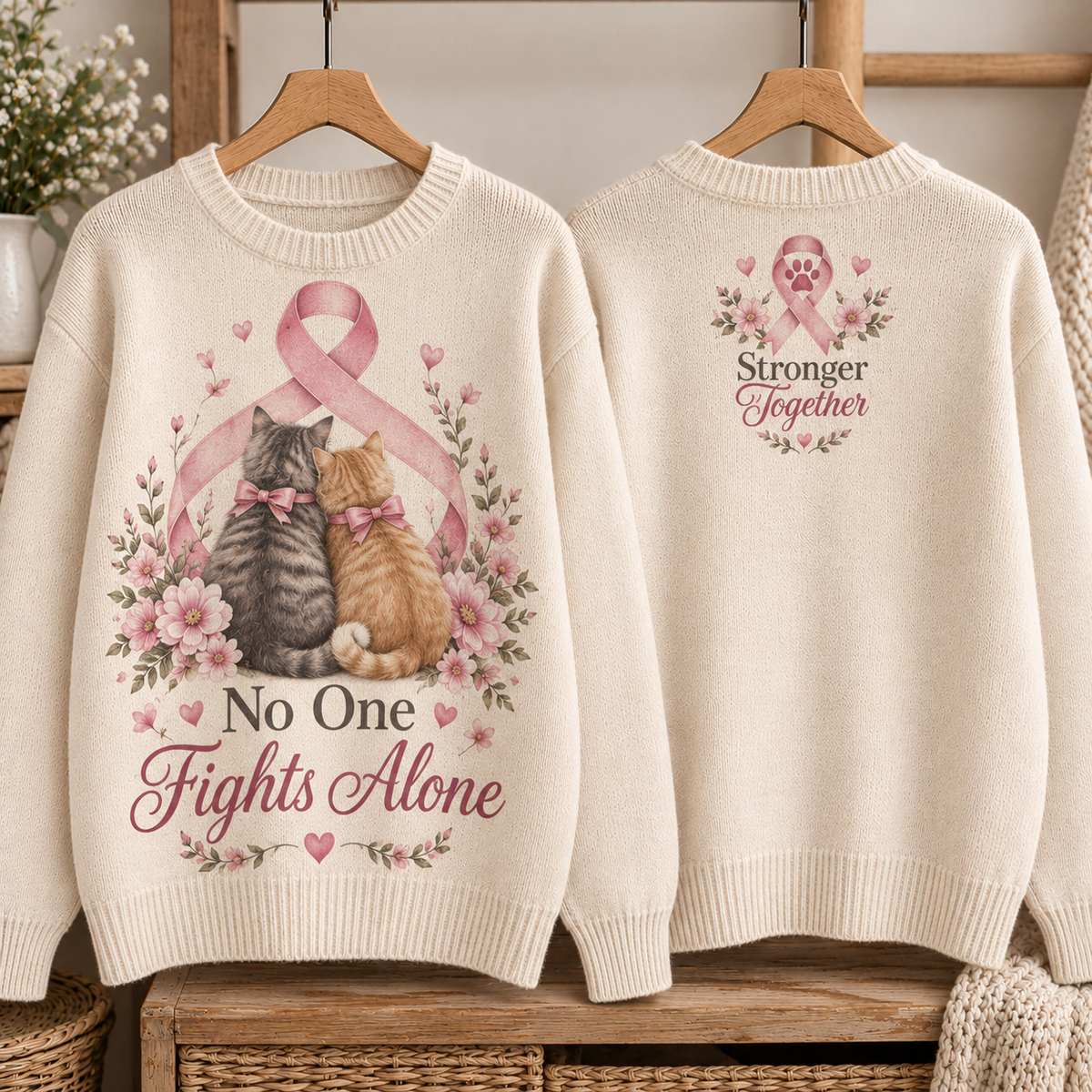 No One Fights Alone Cat Breast Cancer Awareness Sweater