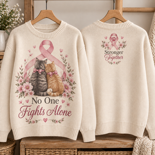 No One Fights Alone Cat Breast Cancer Awareness Sweater