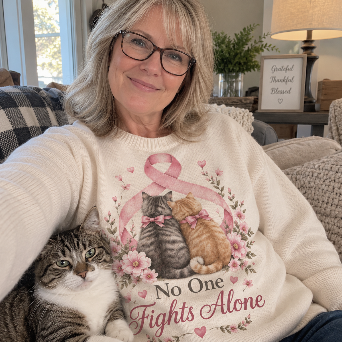 No One Fights Alone Cat Breast Cancer Awareness Sweater