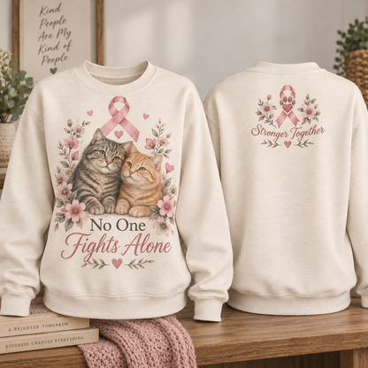 No One Fights Alone Cat Breast Cancer Awareness Sweatshirt