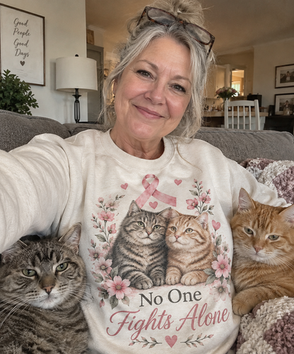 No One Fights Alone Cat Breast Cancer Awareness Sweatshirt
