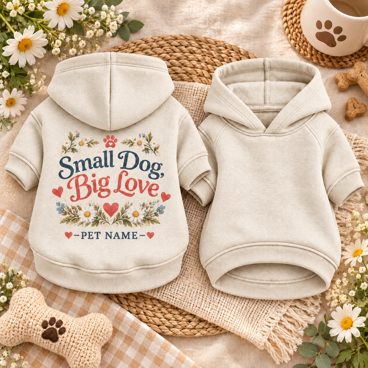 Personalized Small Dog Big Love Floral Pet Hoodie – Oatmeal