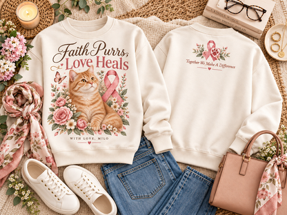 Personalized Faith Purrs Love Heals Cat Breast Cancer Awareness Custom Pet Name Sweatshirt