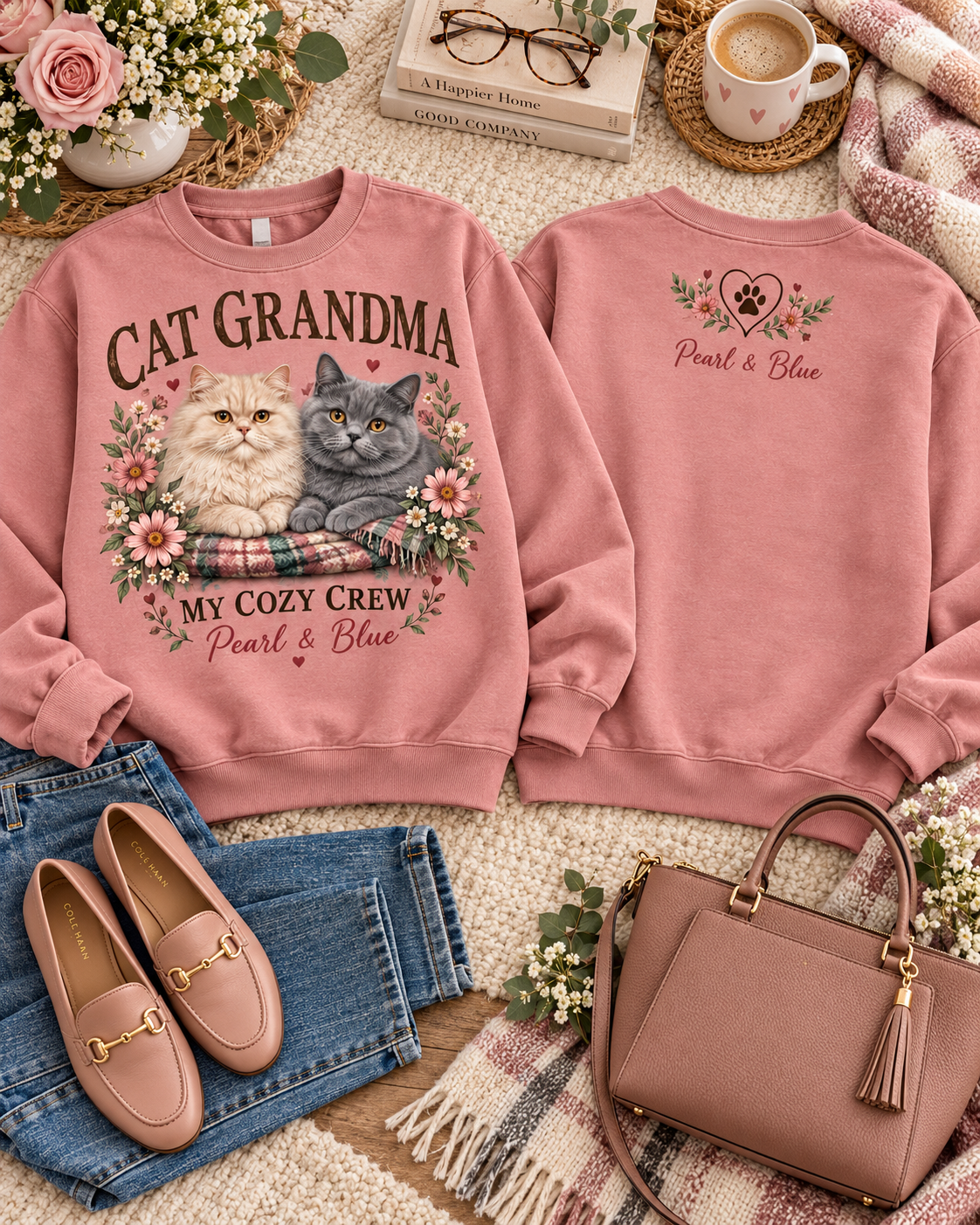 Personalized Cat Grandma My Cozy Crew Custom Pet Names Cat Lover Sweatshirt