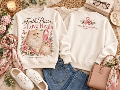 Personalized Faith Purrs Love Heals Cat Breast Cancer Awareness Custom Pet Name Sweatshirt