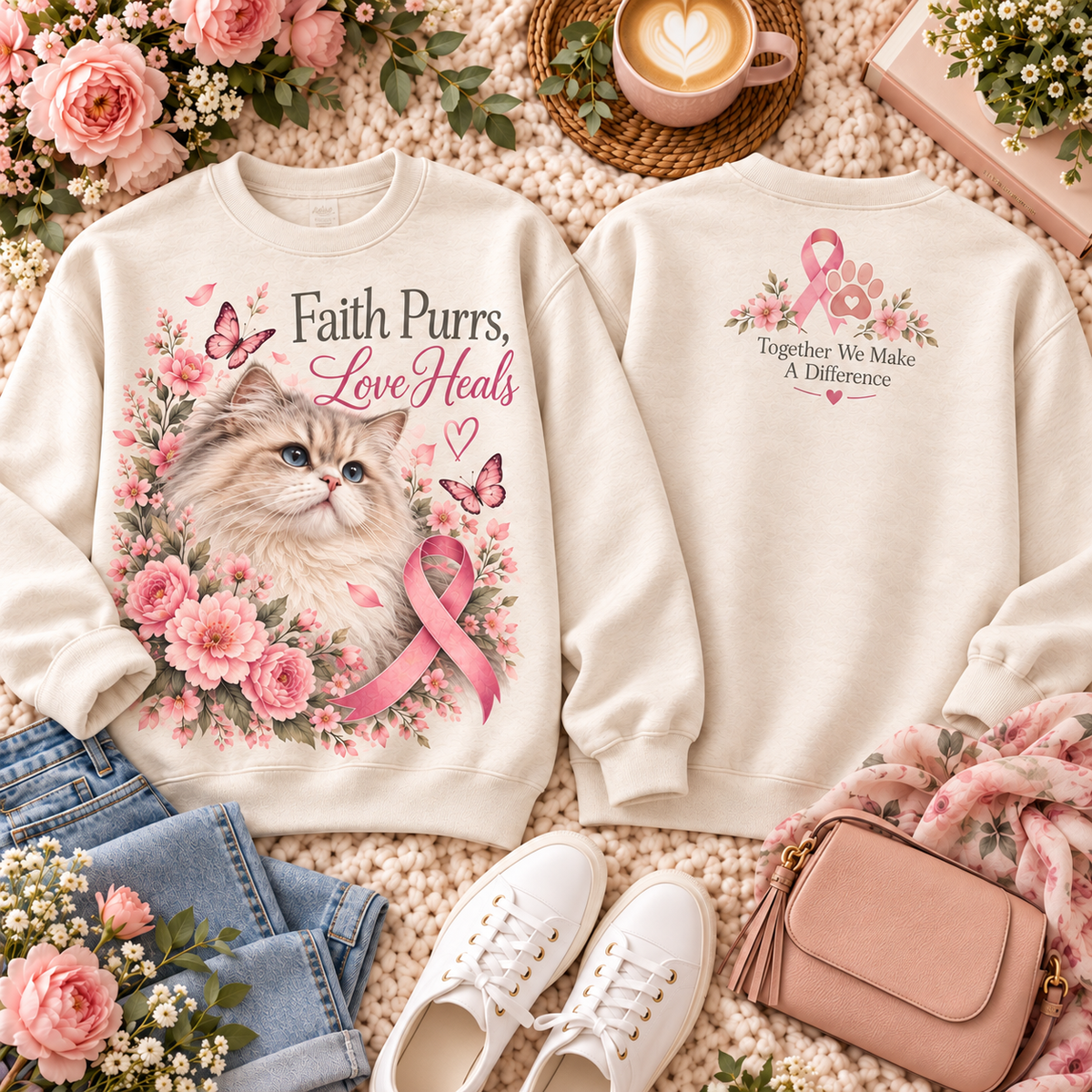 Faith Purrs Love Heals Pink Ribbon Cat Breast Cancer Awareness Sweatshirt