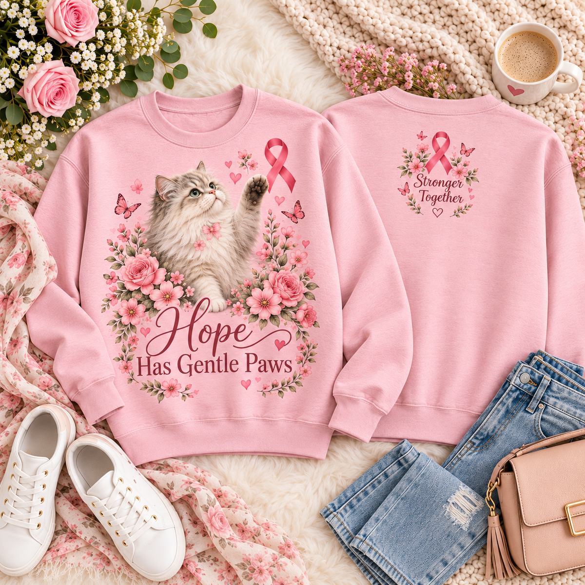 Paws of Hope Stronger Together Cat Breast Cancer Awareness Sweatshirt