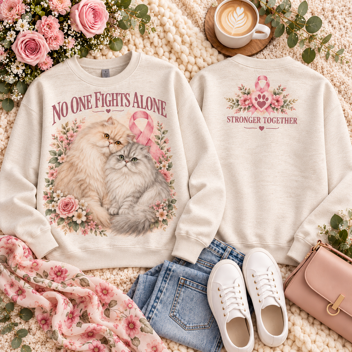 Paws of Hope Cat Breast Cancer Awareness Support & Strength Sweatshirt