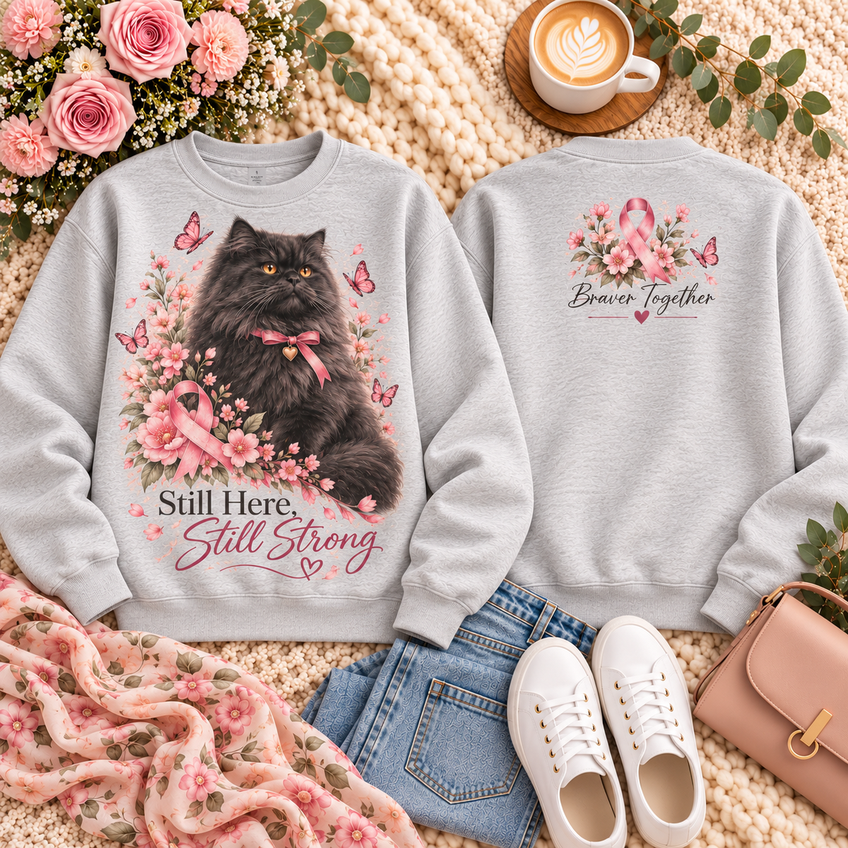 Still Here Still Strong Pink Ribbon Cat Breast Cancer Awareness Sweatshirt