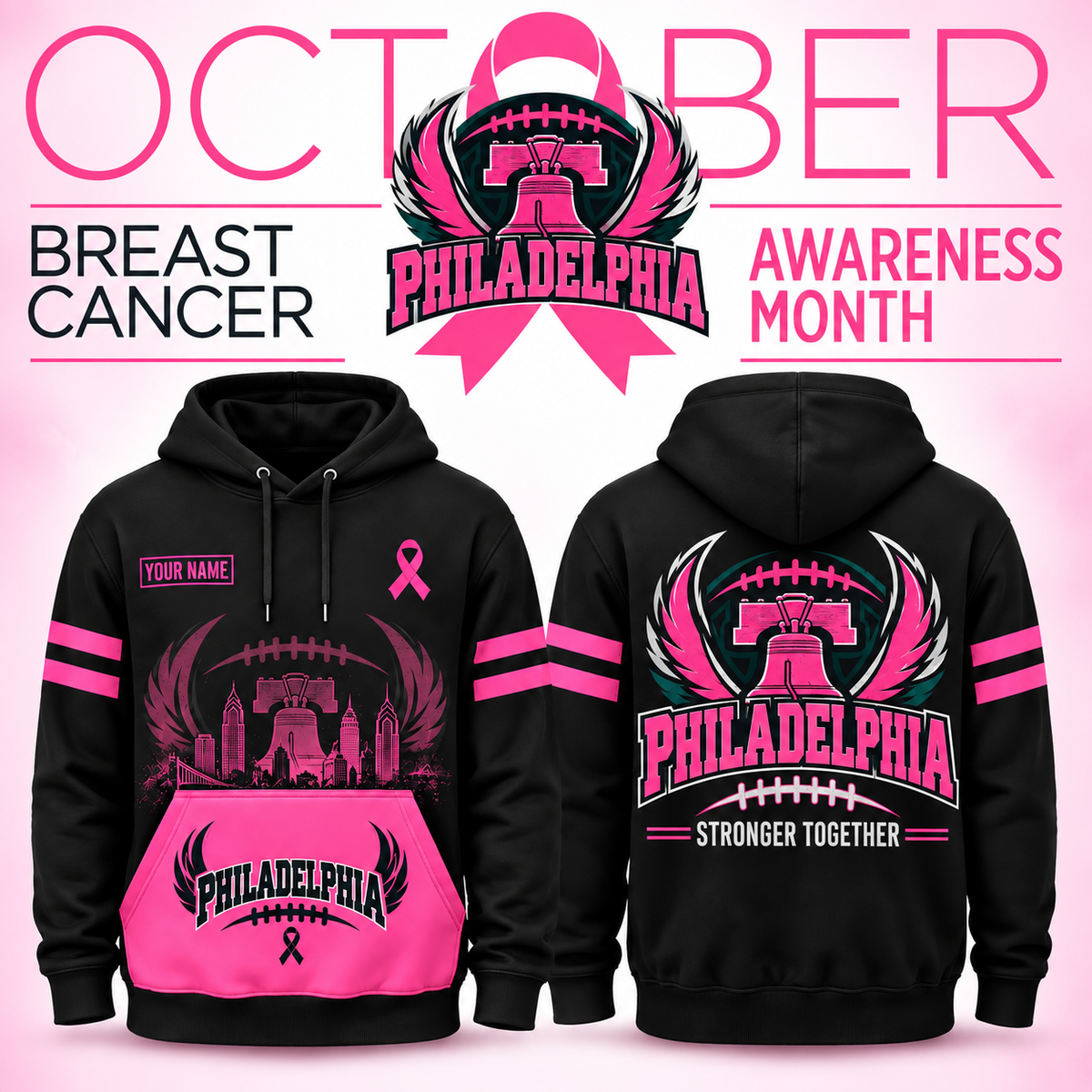 Personalized Football Team Spirit Breast Cancer Awareness Stronger Together Hoodie