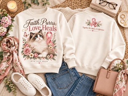 Personalized Faith Purrs Love Heals Cat Breast Cancer Awareness Custom Pet Name Sweatshirt