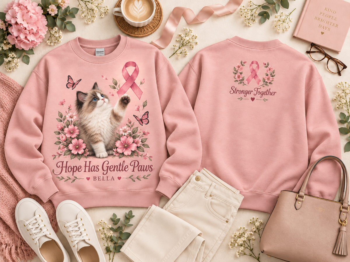 Personalized Hope Has Gentle Paws Cat Breast Cancer Awareness Custom Pet Name Sweatshirt