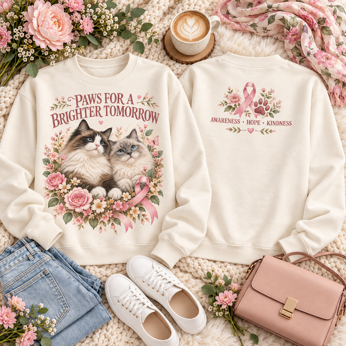 Paws for a Brighter Tomorrow Cat Breast Cancer Awareness Sweatshirt