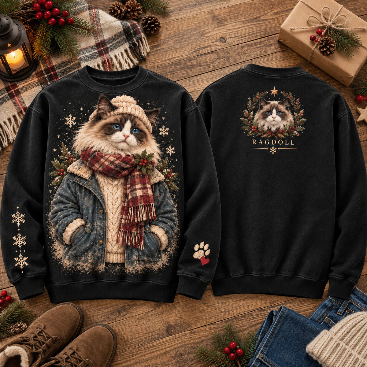 Vintage Winter Cat Graphic Sweatshirt