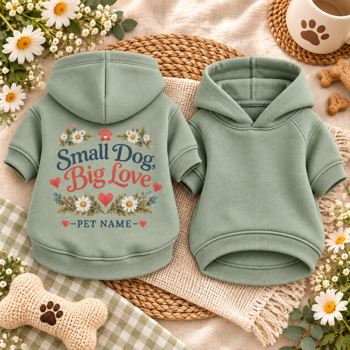 Personalized Small Dog Big Love Floral Pet Hoodie – Sage Green