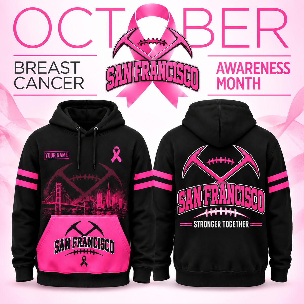 Personalized Football Team Spirit Breast Cancer Awareness Stronger Together Hoodie