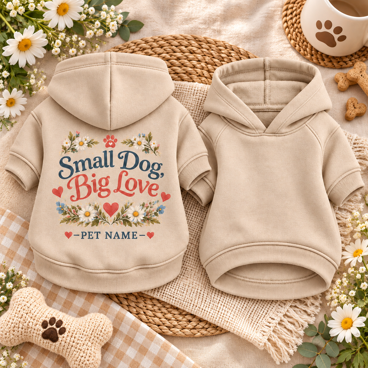 Personalized Small Dog Big Love Floral Pet Hoodie – Sand Beige