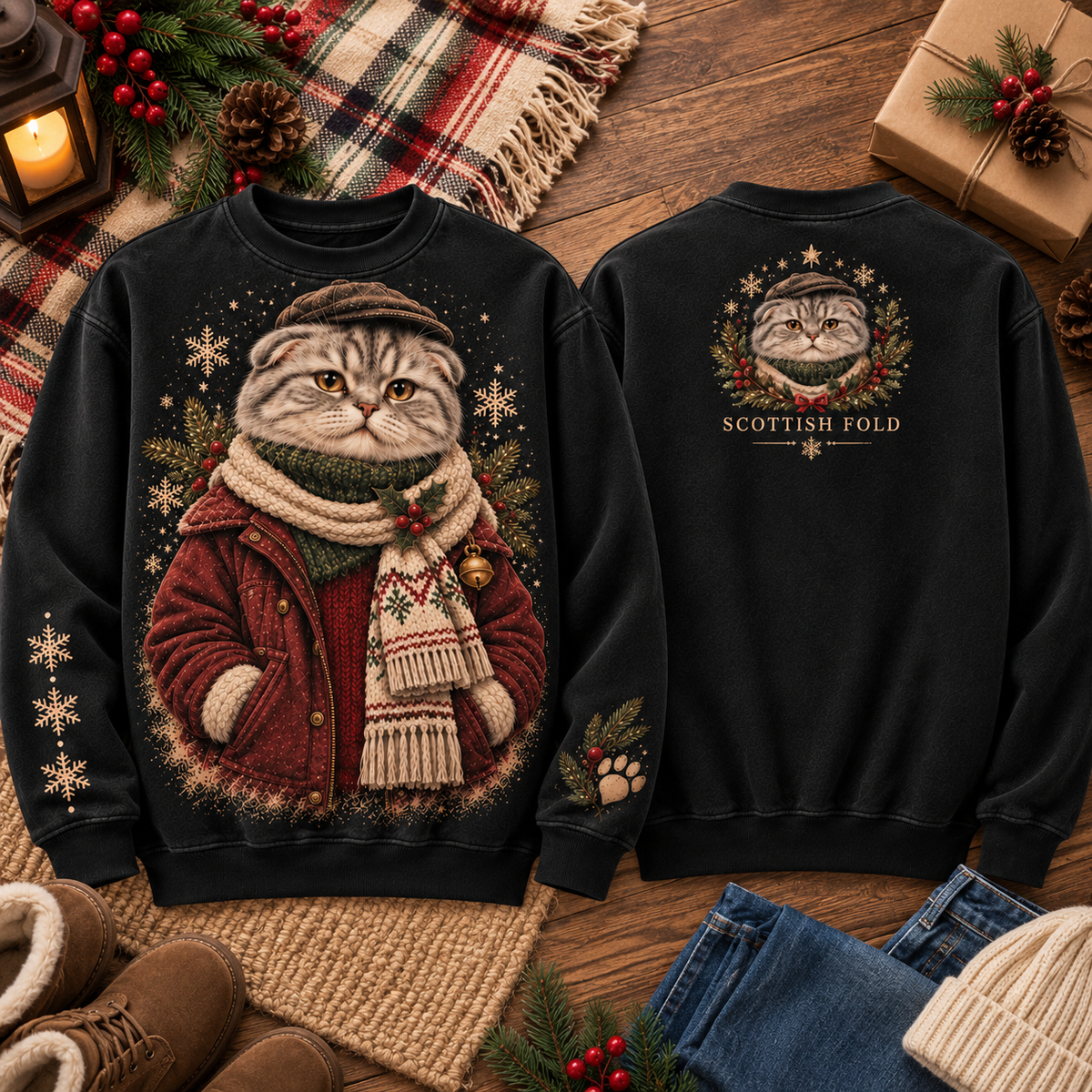 Vintage Winter Cat Graphic Sweatshirt