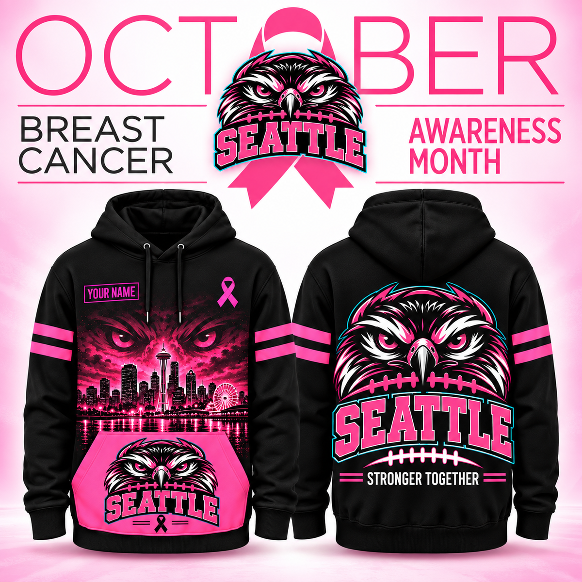 Personalized Football Team Spirit Breast Cancer Awareness Stronger Together Hoodie