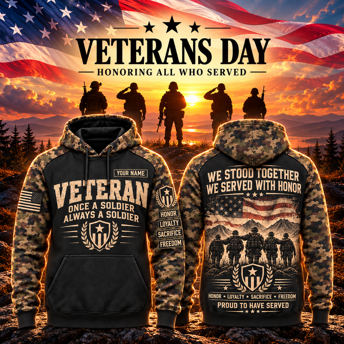 Veteran Forever Camo Sleeve Hoodie – Style 03: Served With Honor