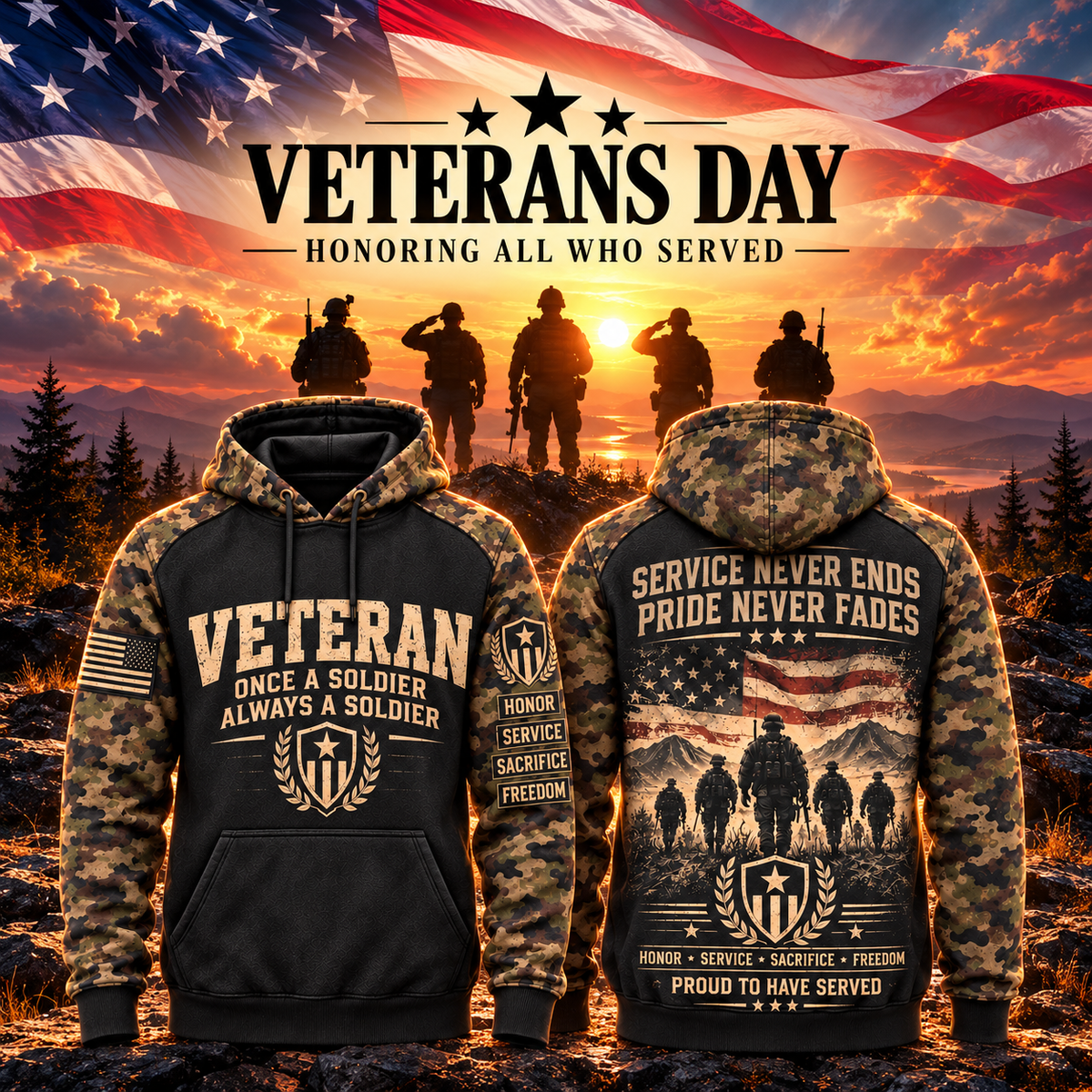 Veteran Forever Camo Sleeve Hoodie – Classic Edition – Style 01: Service Never Ends
