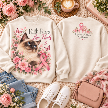 Faith Purrs Love Heals Pink Ribbon Cat Breast Cancer Awareness Sweatshirt