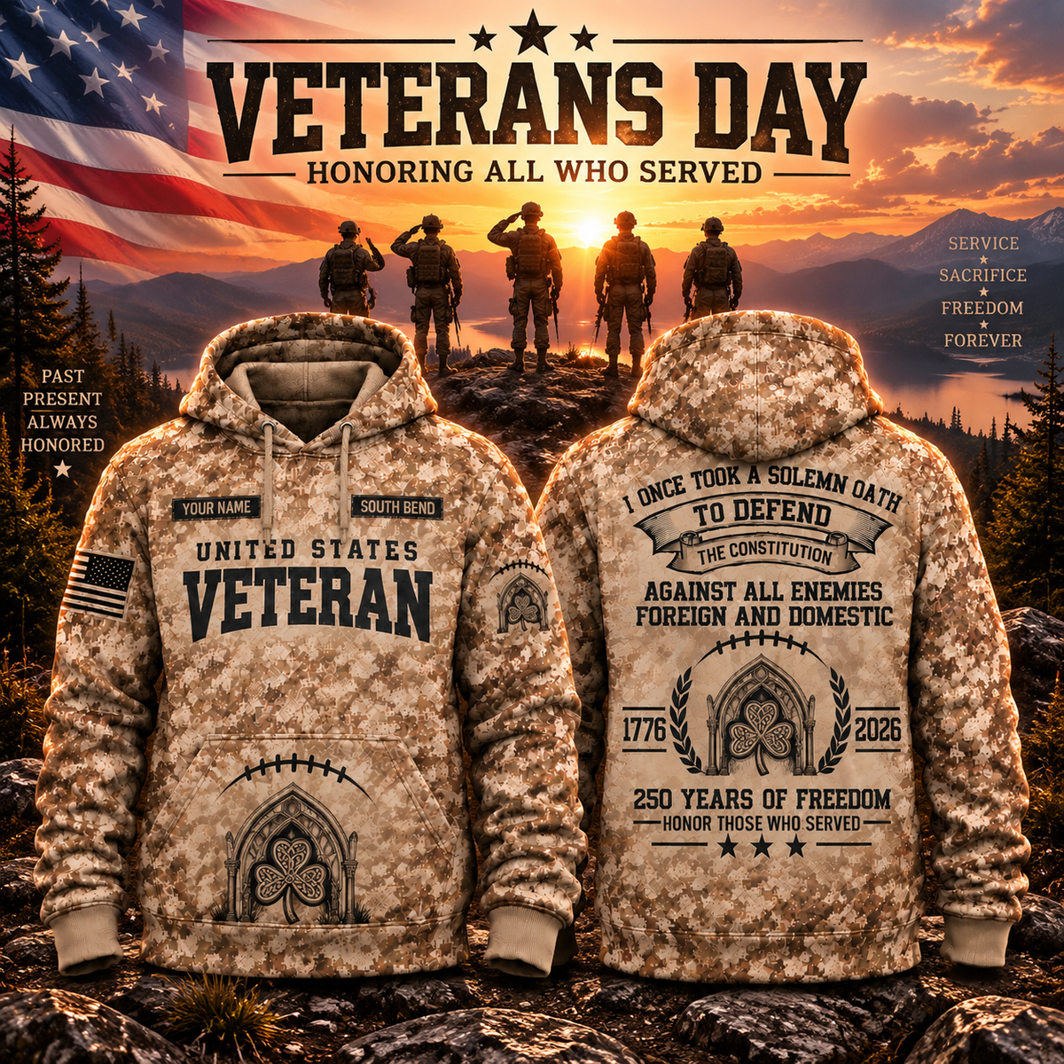 South Bend College Football Veteran Apparel – Camo Veteran – Shamrock Arch