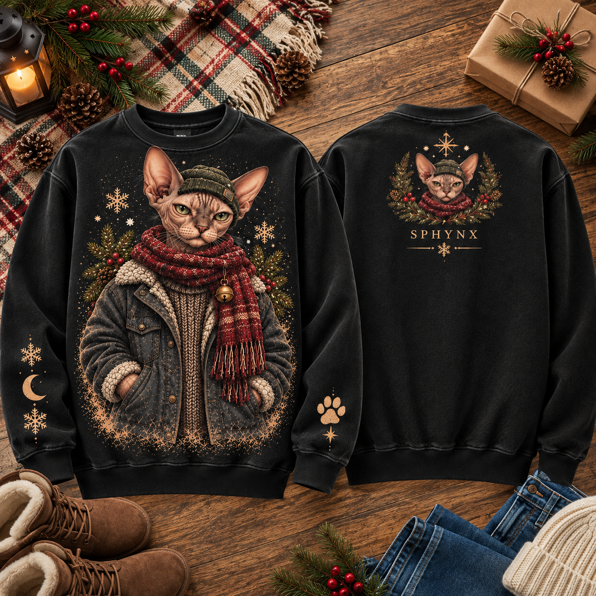 Vintage Winter Cat Graphic Sweatshirt