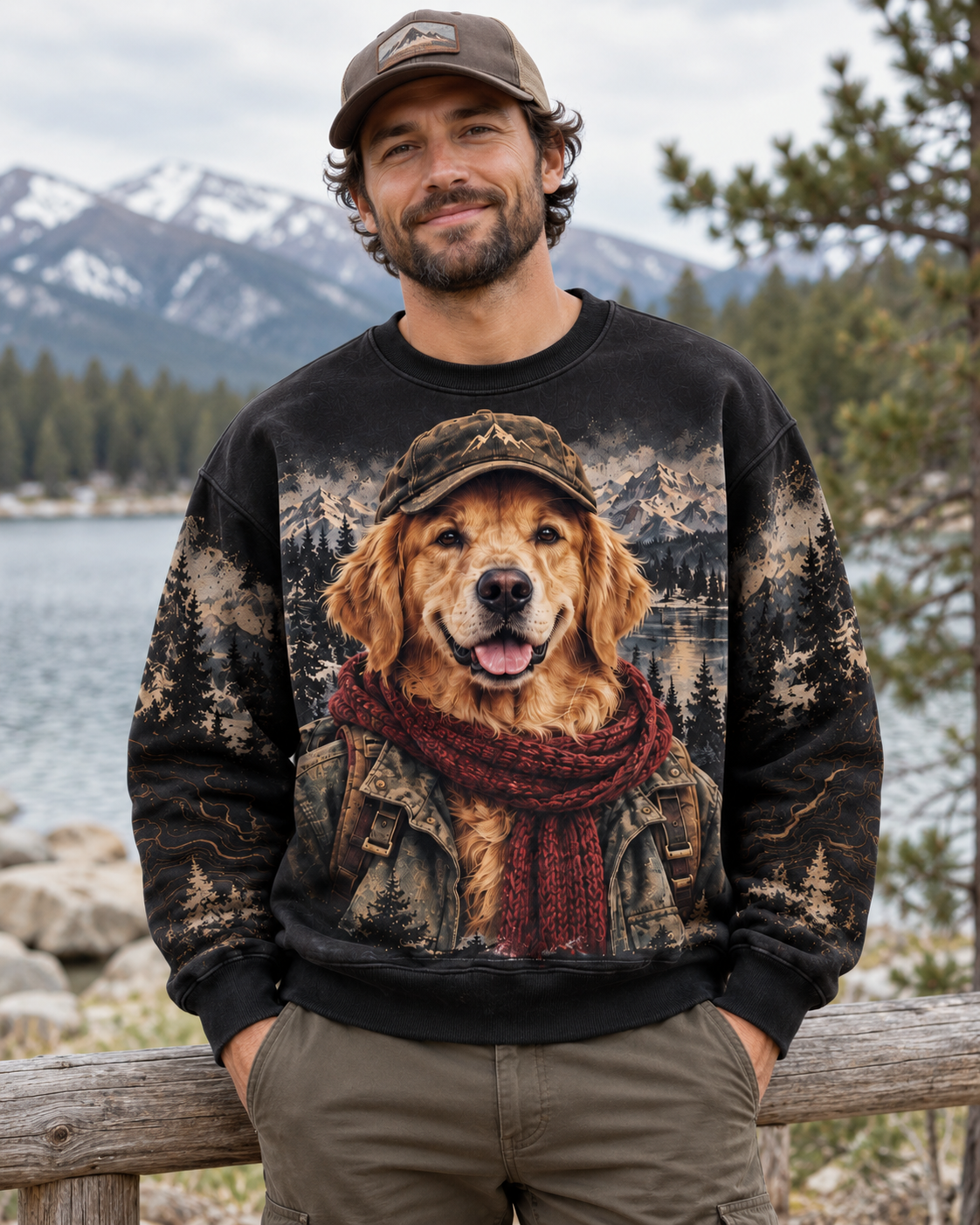 Vintage Golden Retriever Mountain Adventure Graphic Sweatshirt