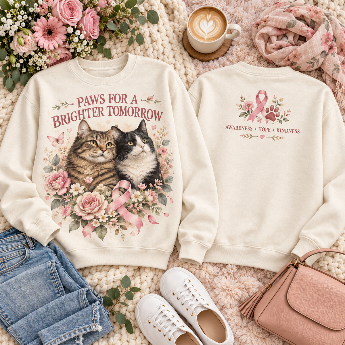 Paws for a Brighter Tomorrow Cat Breast Cancer Awareness Sweatshirt