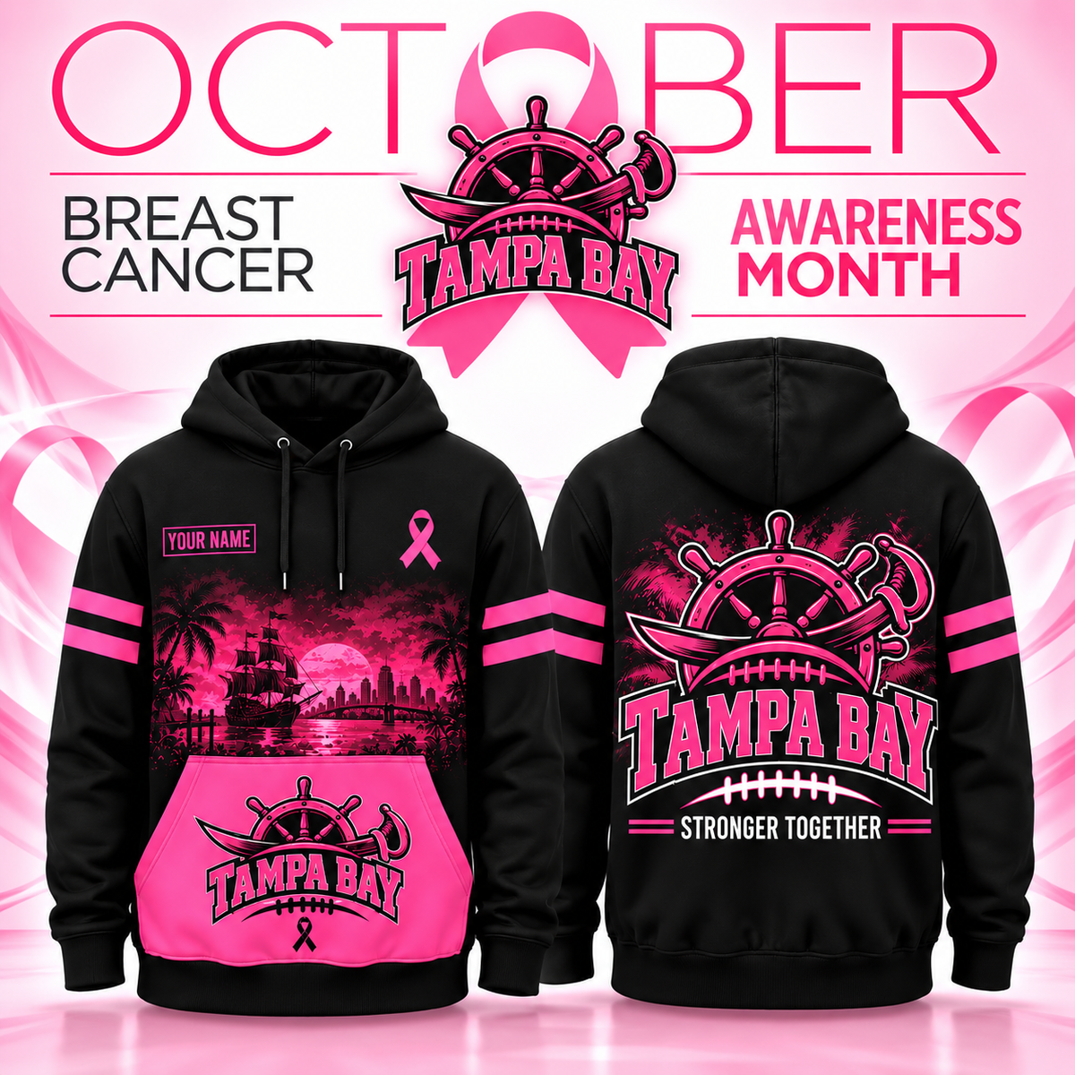 Personalized Football Team Spirit Breast Cancer Awareness Stronger Together Hoodie