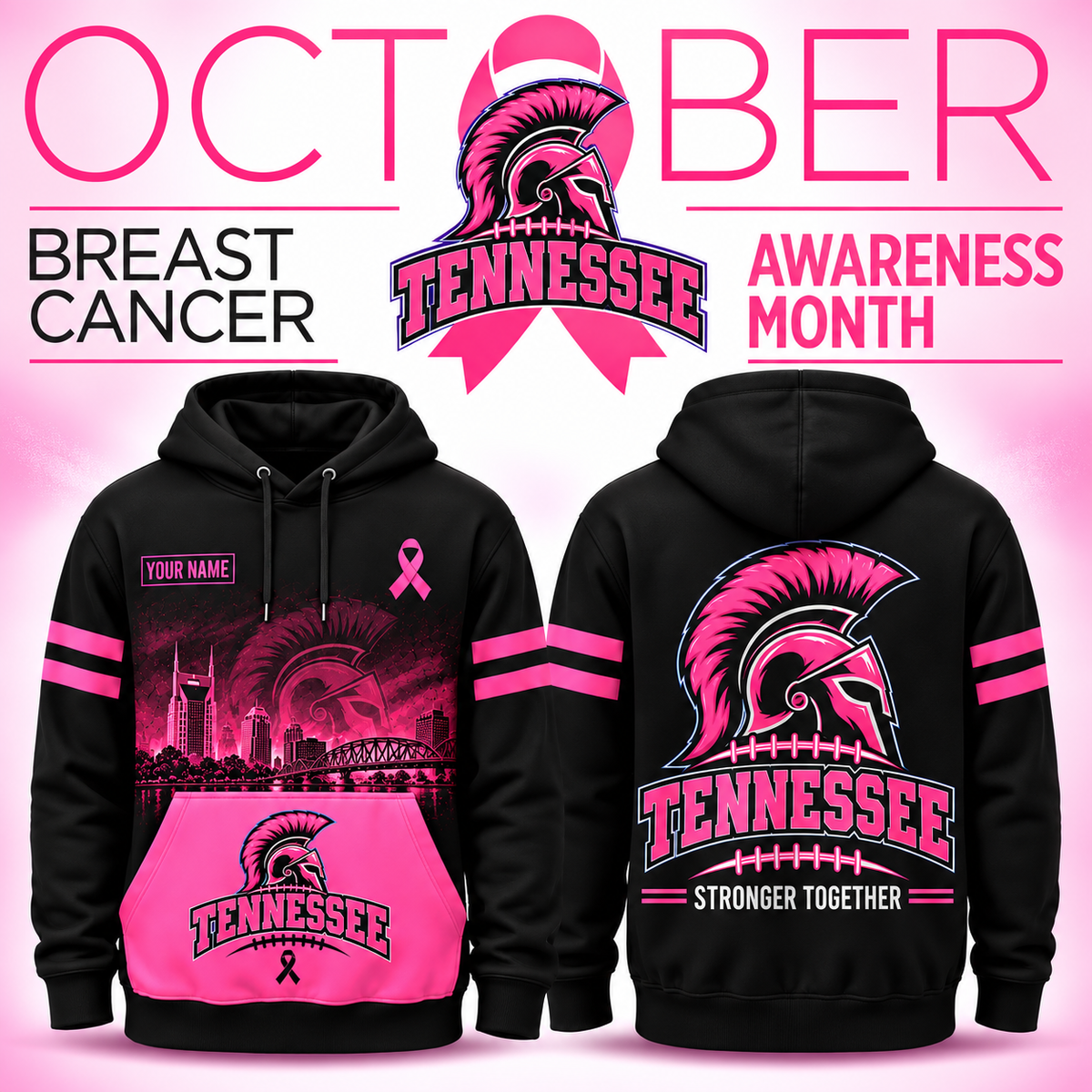 Personalized Football Team Spirit Breast Cancer Awareness Stronger Together Hoodie