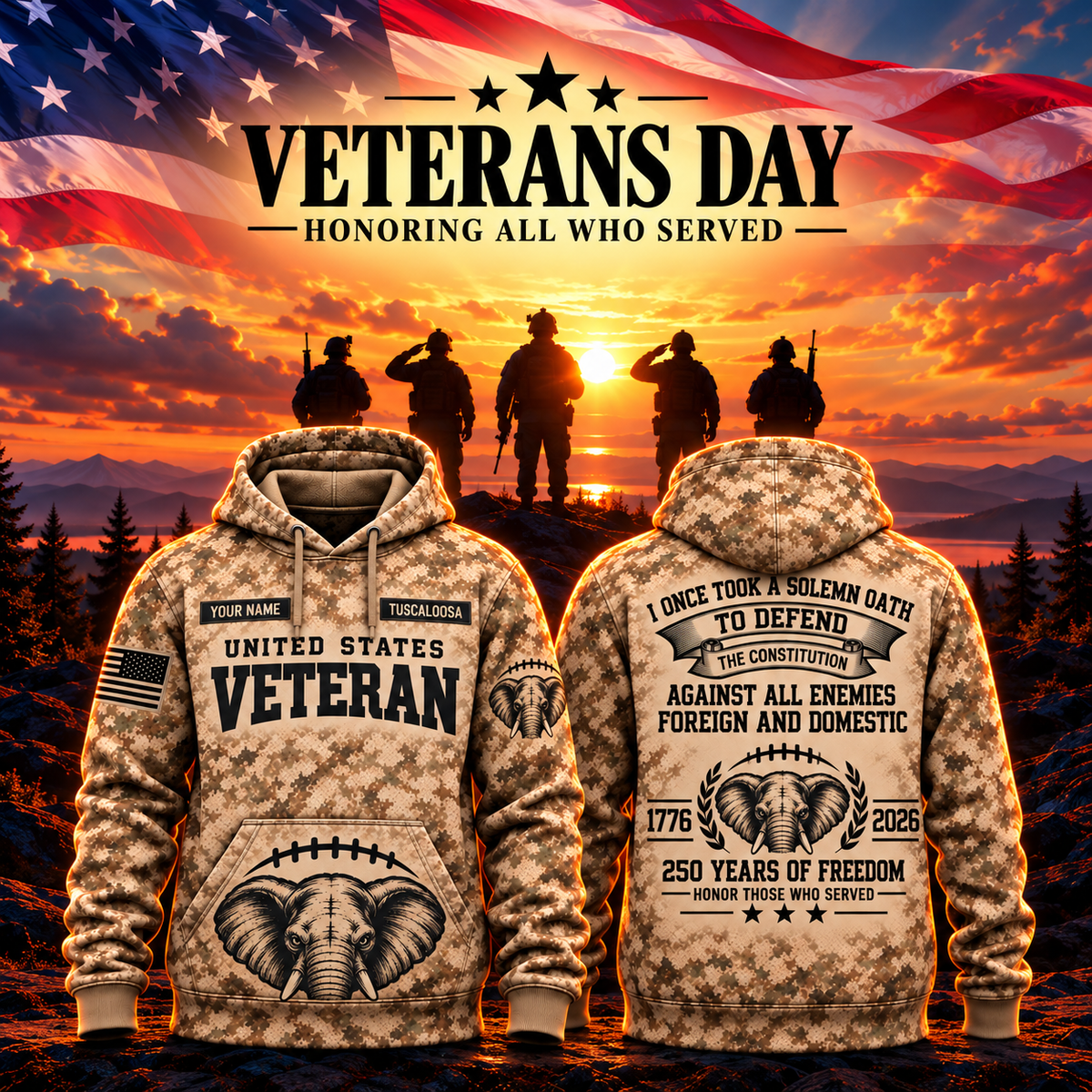 Tuscaloosa College Football Veteran Apparel – Camo Veteran – Elephant