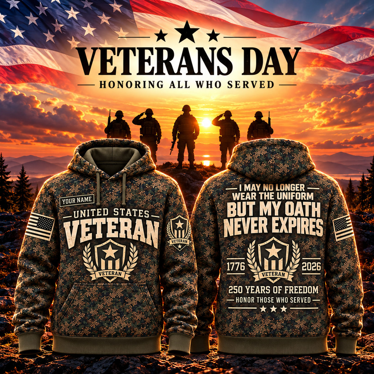 Veteran Oath Never Expires Camo Hoodie – Style 01: Veteran Shield