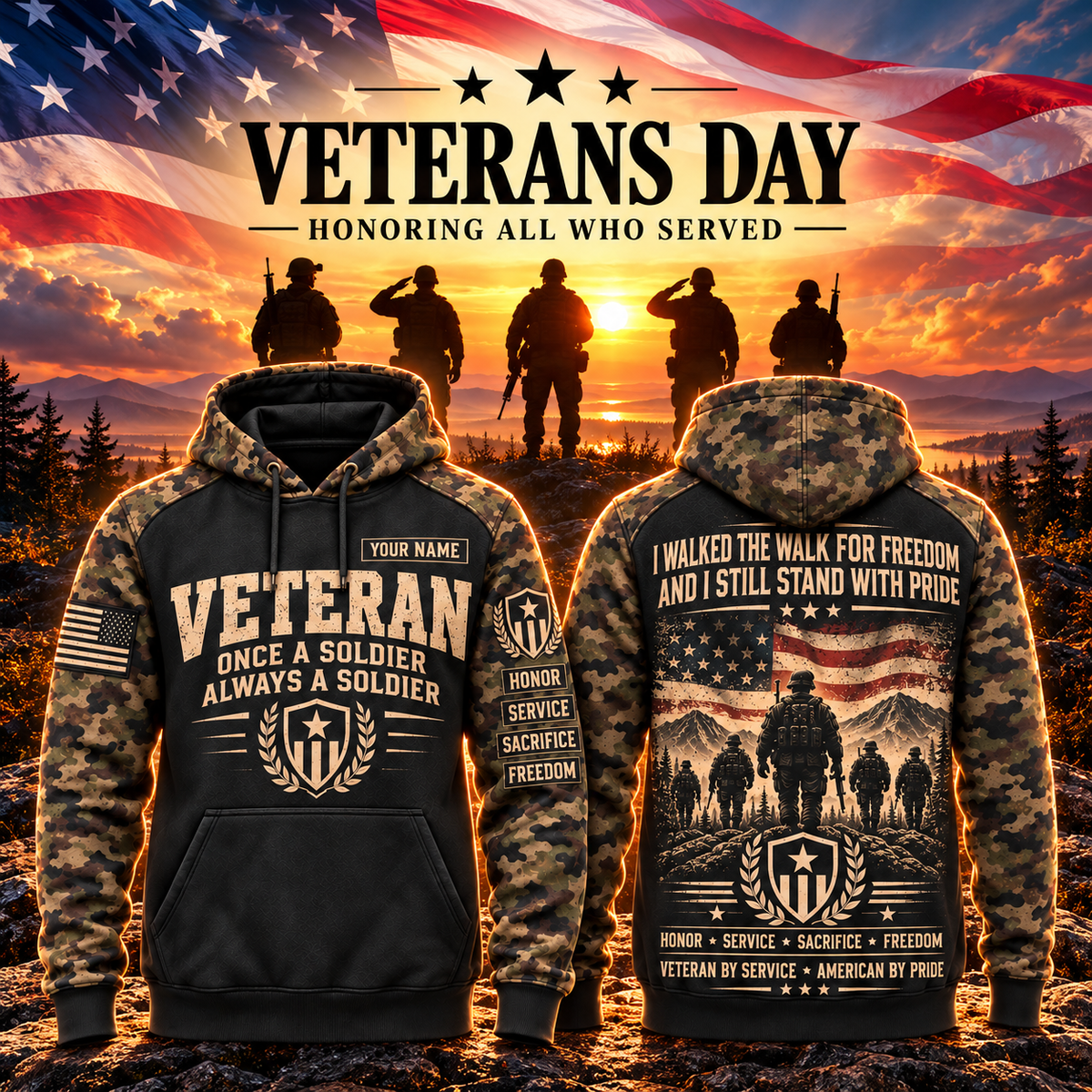 Veteran Forever Camo Sleeve Hoodie – Style 05: Walk For Freedom