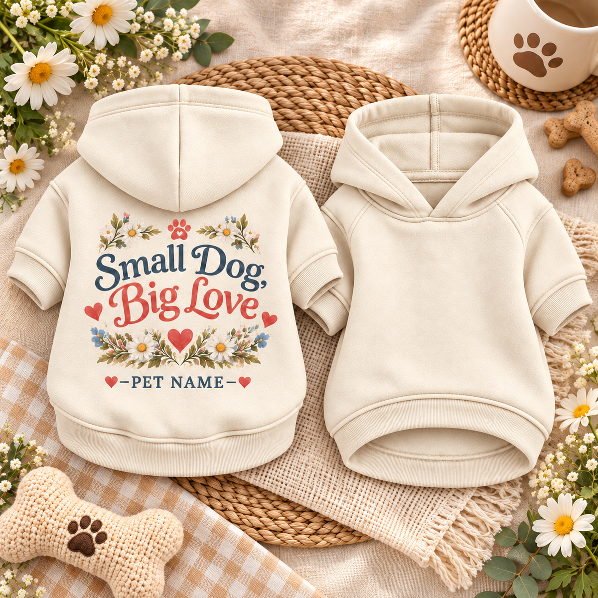 Personalized Small Dog Big Love Floral Pet Hoodie – Warm Cream